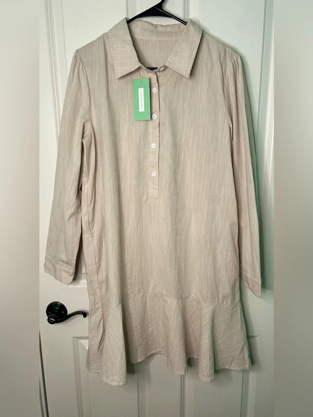 Linen Blend Ruffle Hem Long Sleeve Shift Shirt Dress Beige Neutral Boutique Lrg - Picture 3 of 8
